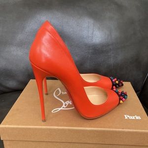 Christian Louboutin Red Leather Stiletto Pumps with Multicolor Studded Toe